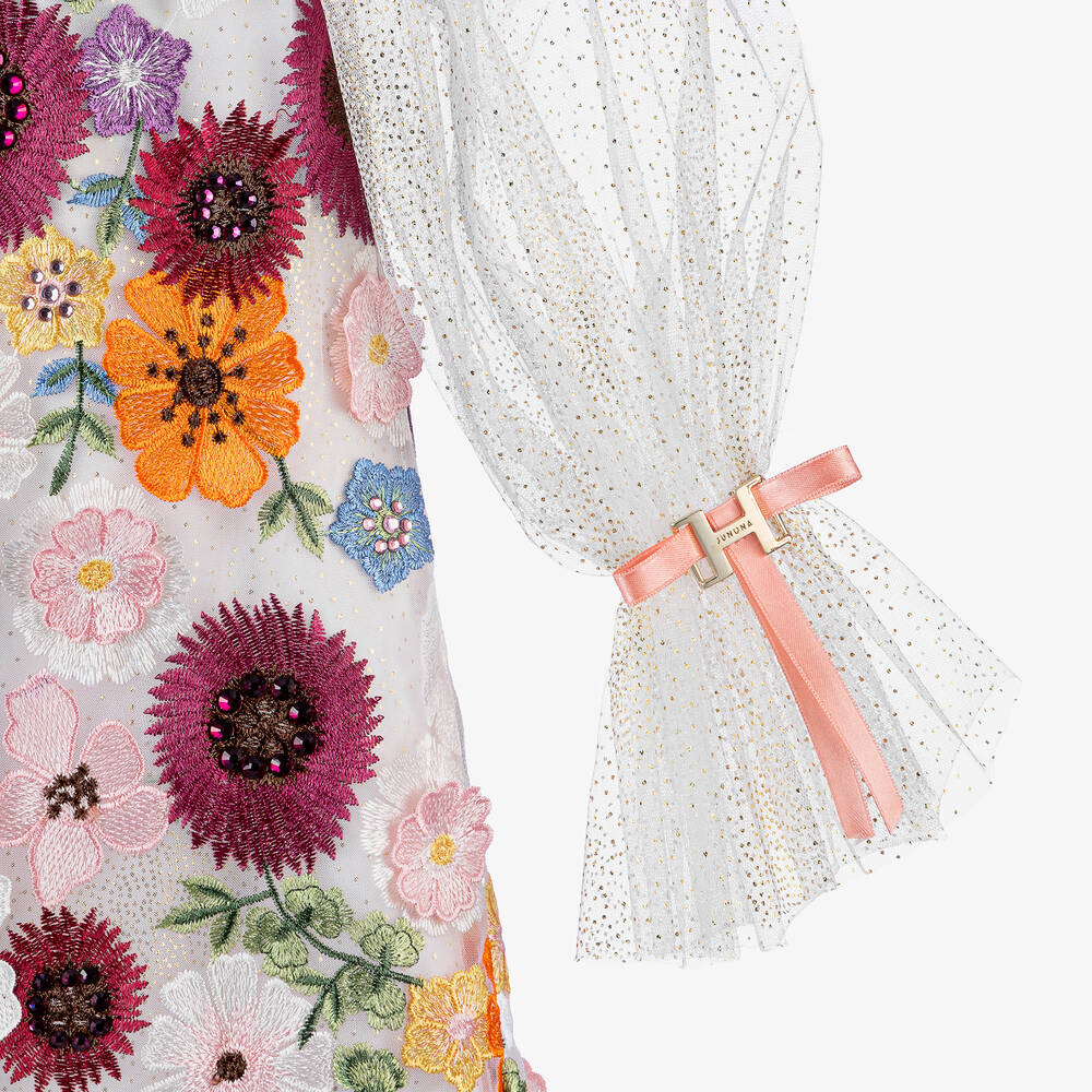 Junona-فستان تول مطرز بورود ومزين بديامنت لون أبيض | Childrensalon Outlet