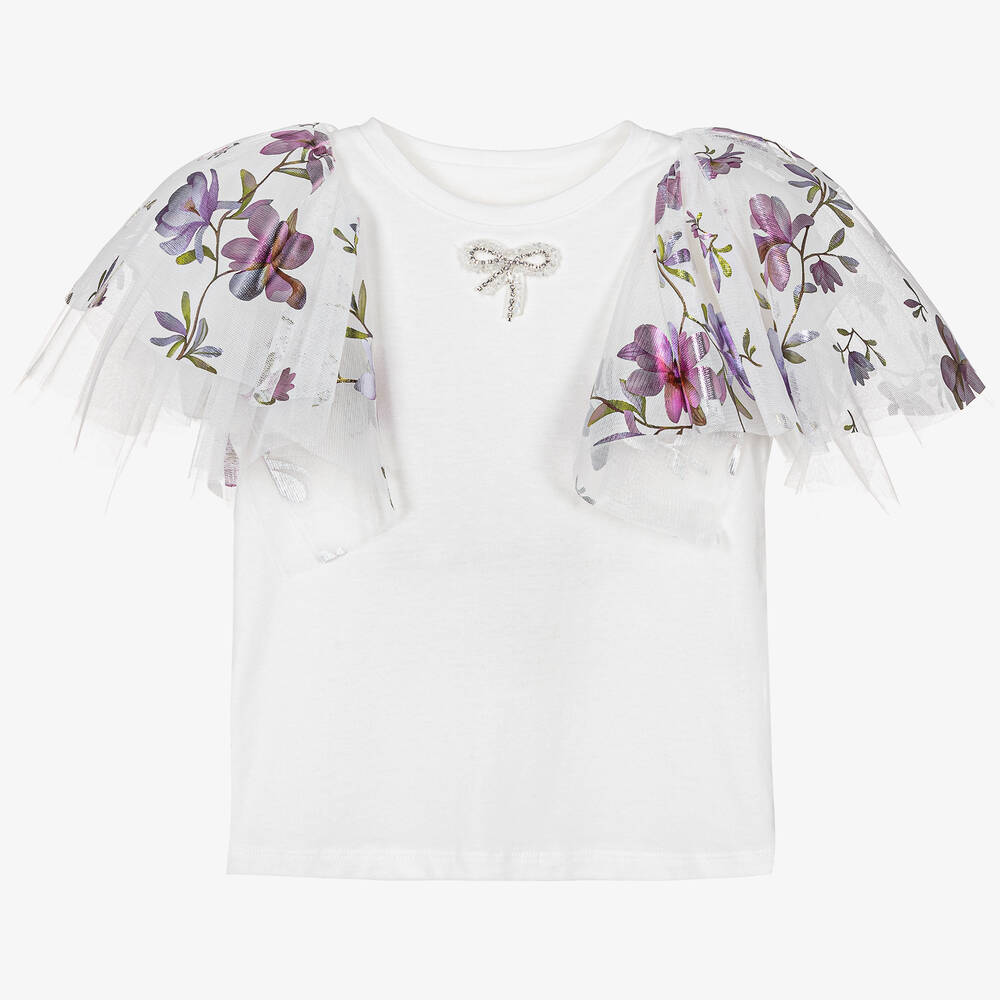 Junona - Girls White Floral Flutter T-Shirt | Childrensalon