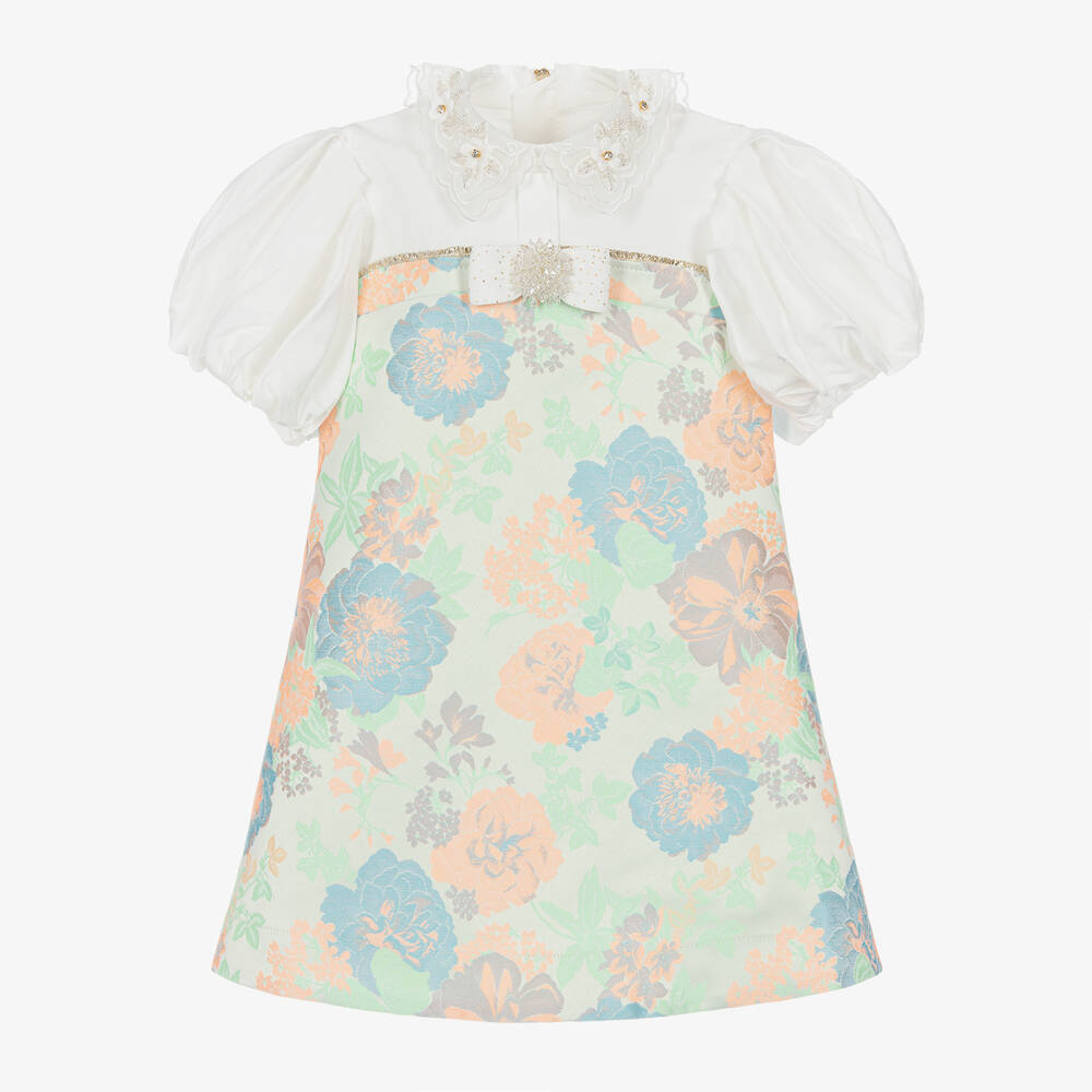Junona-Girls White Floral Jacquard Dress | Childrensalon Outlet