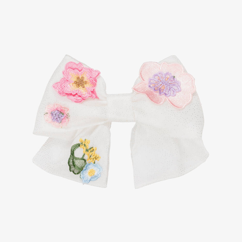 Junona-Girls White Floral Tulle Bow Hair Clip (23cm) | Childrensalon Outlet