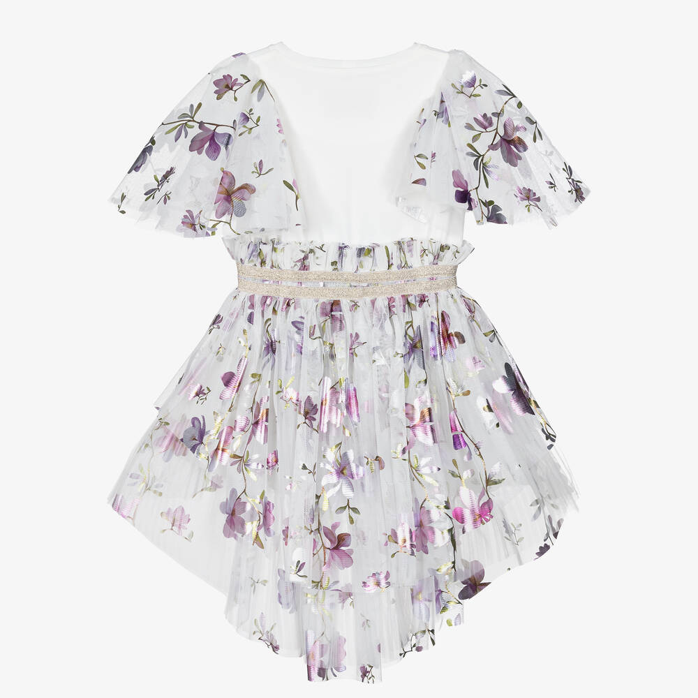 Junona-فستان قطن وتول لون أبيض مزين بورود | Childrensalon Outlet