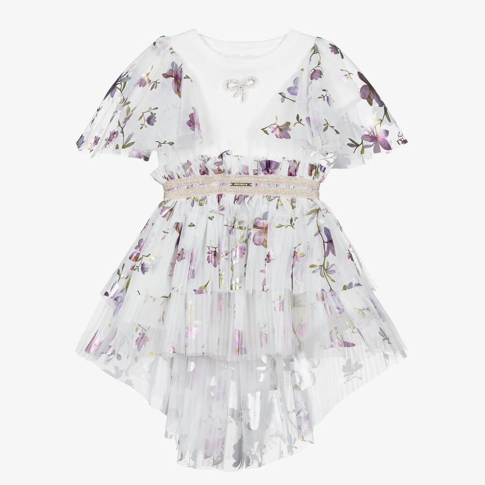 Junona - Girls White Floral Tulle Dress | Childrensalon