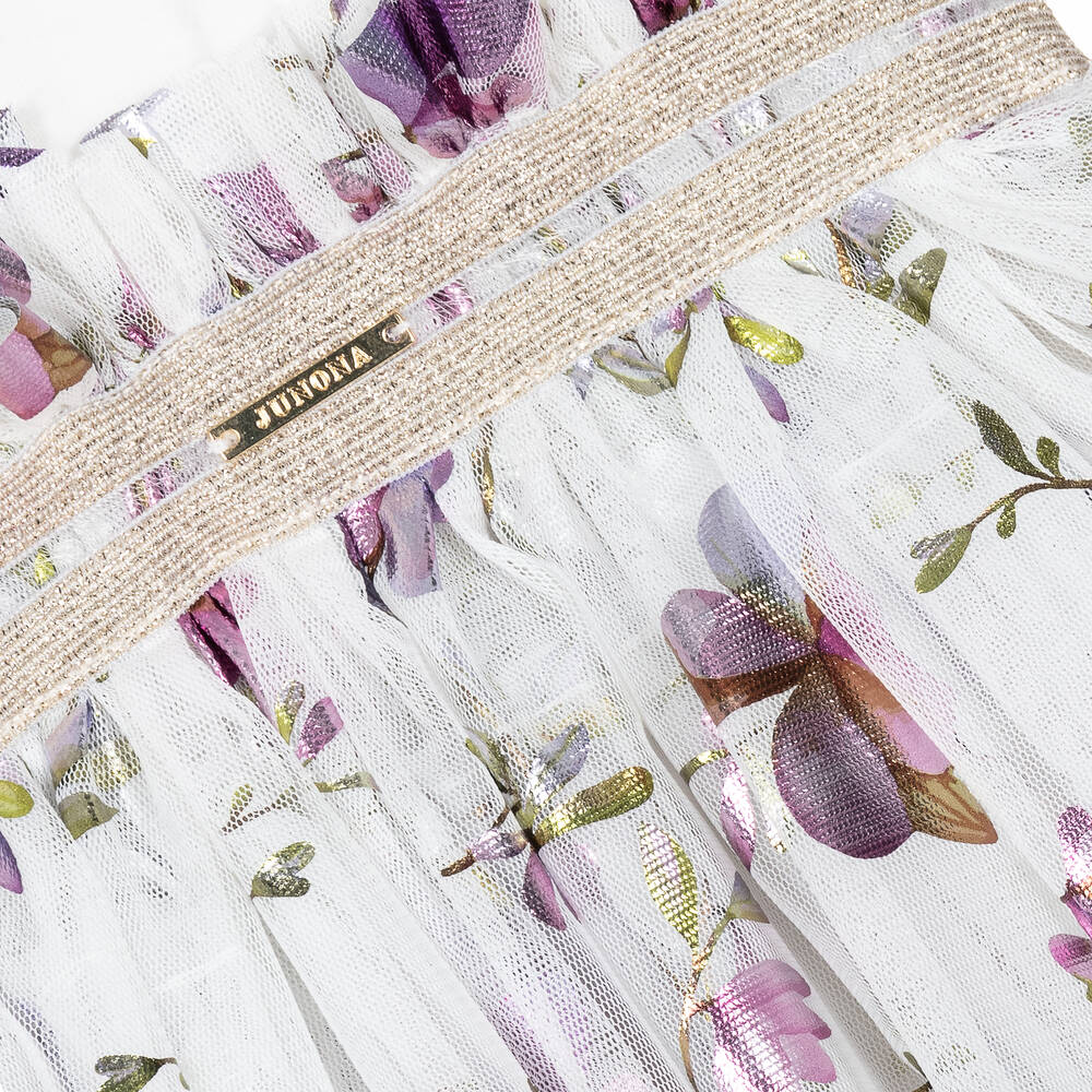 Junona-فستان قطن وتول لون أبيض مزين بورود | Childrensalon Outlet