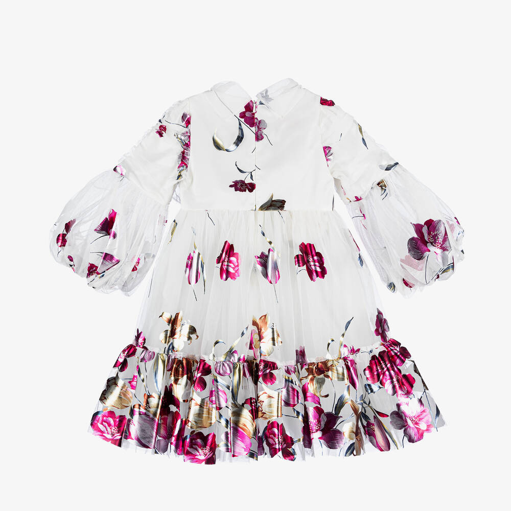 Junona-Girls White Floral Tulle Dress | Childrensalon Outlet