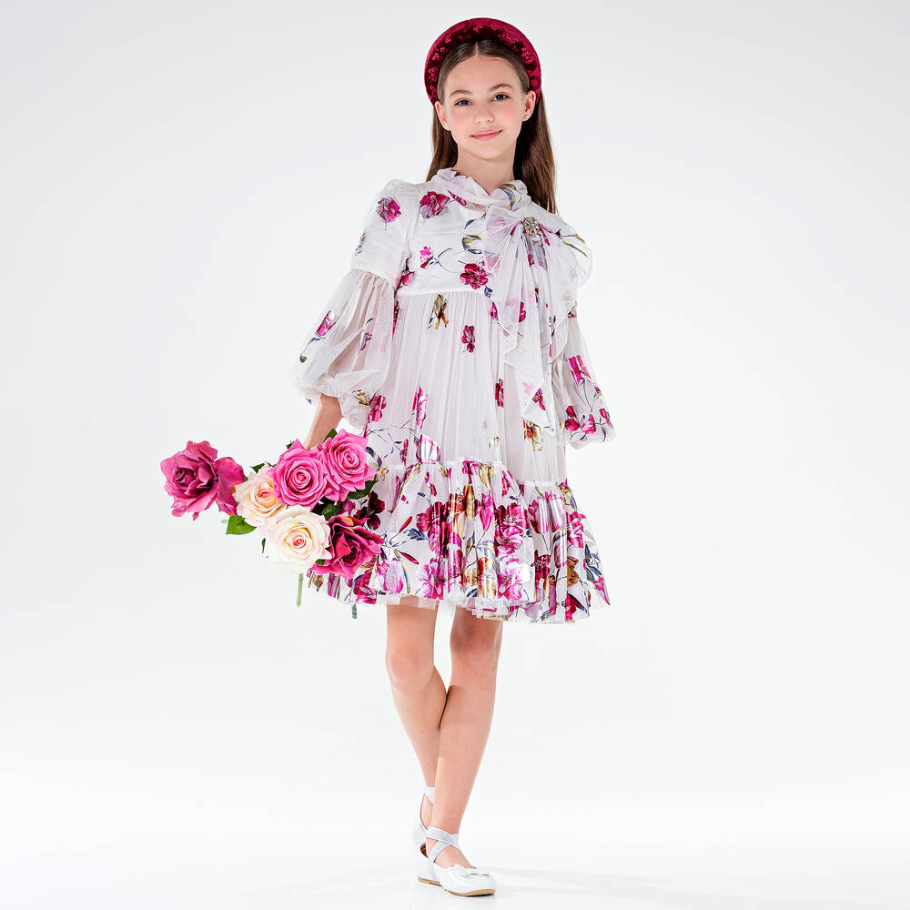 Junona - Girls White Floral Tulle Dress | Childrensalon Outlet