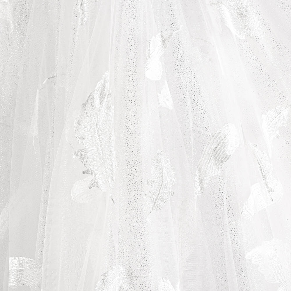 Junona-Girls White Glittery Tulle Maxi Skirt with Feather Motifs | Childrensalon Outlet