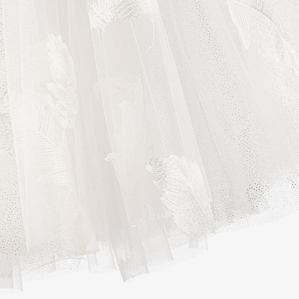 Junona-Girls White Glittery Tulle Maxi Skirt with Feather Motifs | Childrensalon Outlet