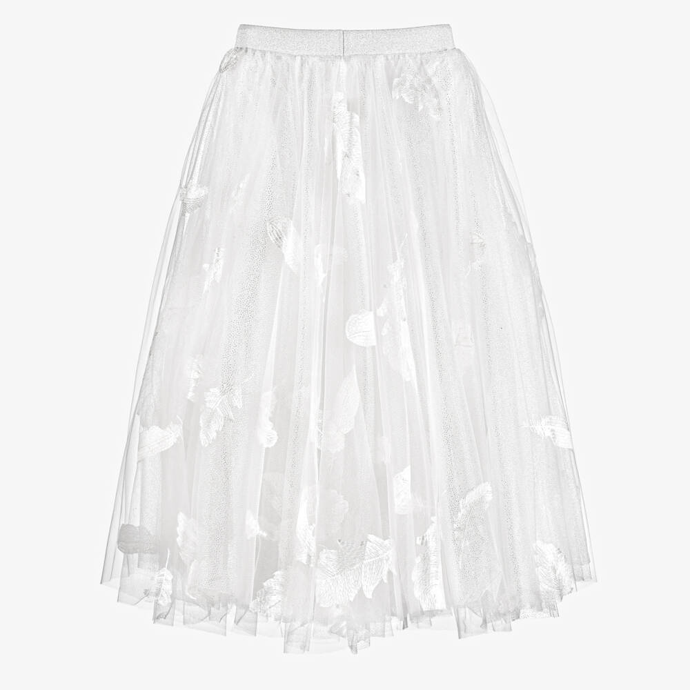 Junona-Girls White Glittery Tulle Maxi Skirt with Feather Motifs | Childrensalon Outlet