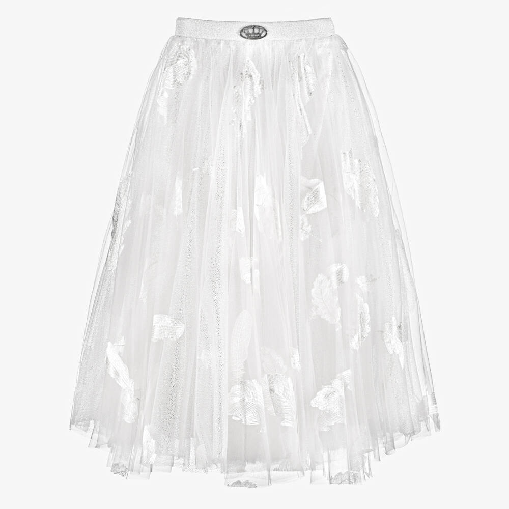 Junona-Girls White Glittery Tulle Maxi Skirt with Feather Motifs | Childrensalon Outlet
