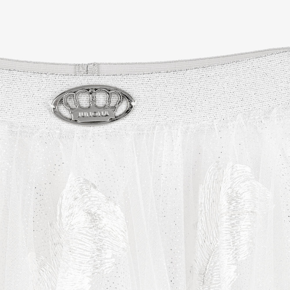Junona-Girls White Glittery Tulle Maxi Skirt with Feather Motifs | Childrensalon Outlet