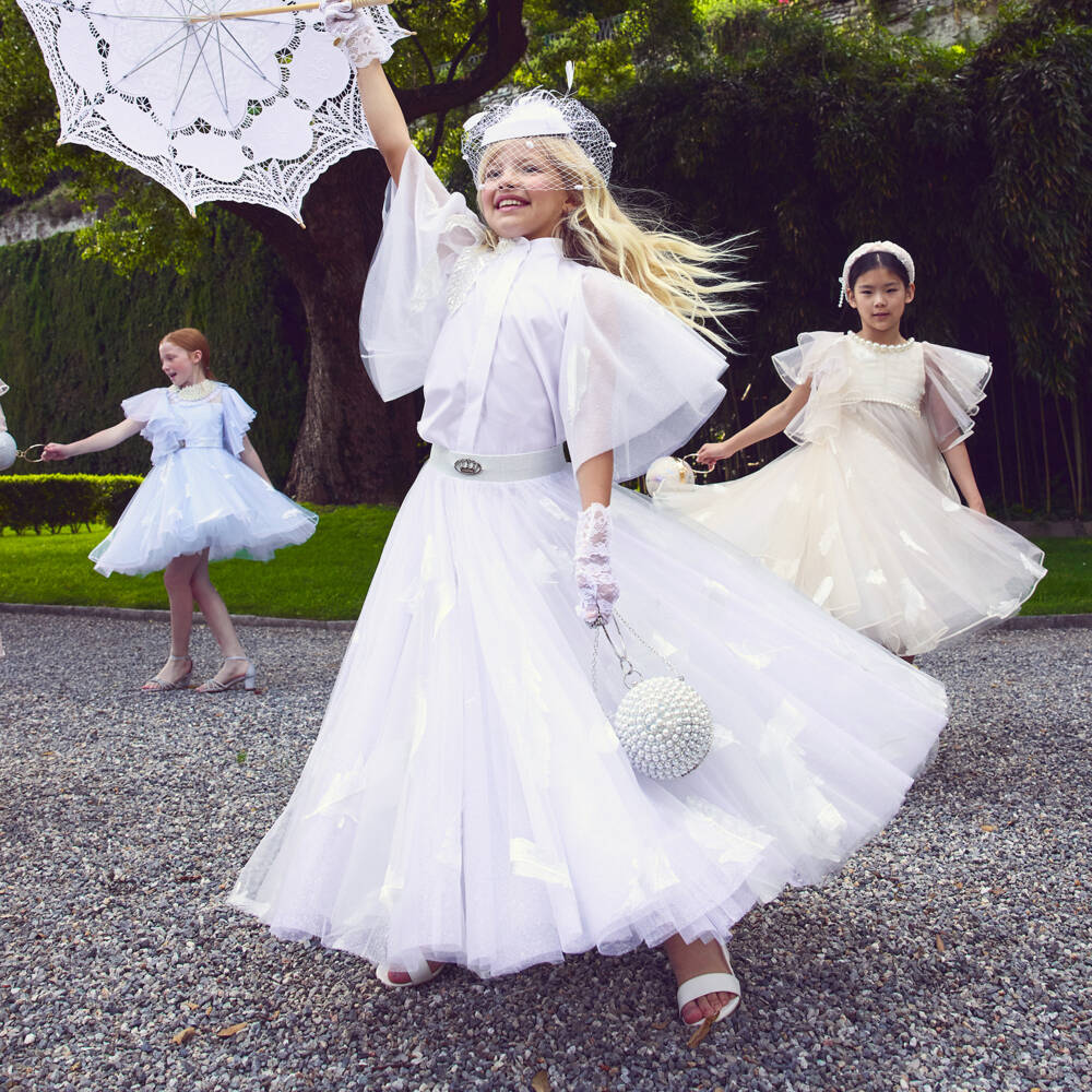 Junona-Girls White Glittery Tulle Maxi Skirt with Feather Motifs | Childrensalon Outlet