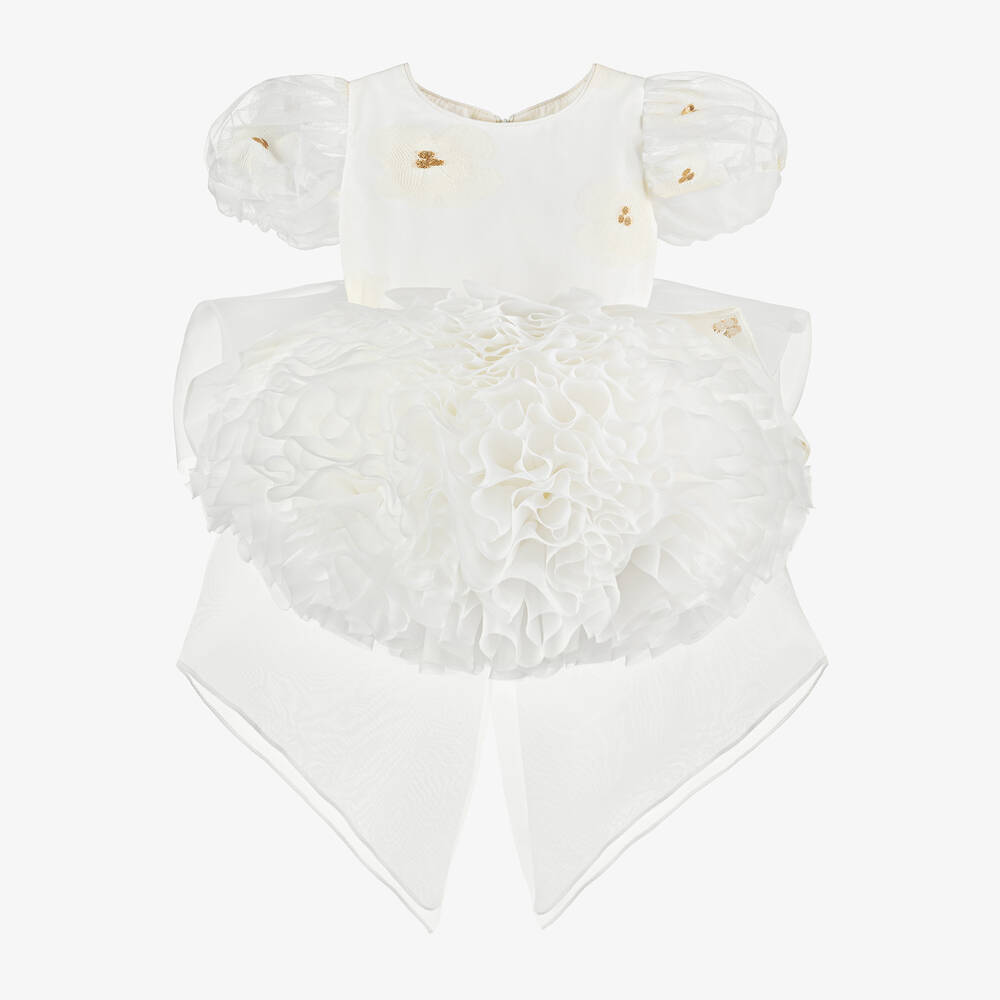 Junona-Girls White & Gold Floral Organza Dress | Childrensalon Outlet