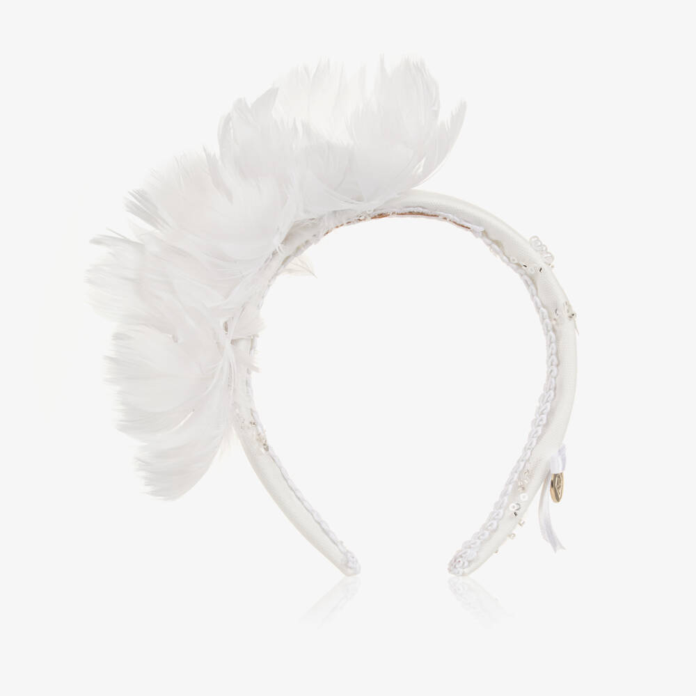 Junona-Girls White Hairband with Feather Flowers | Childrensalon Outlet
