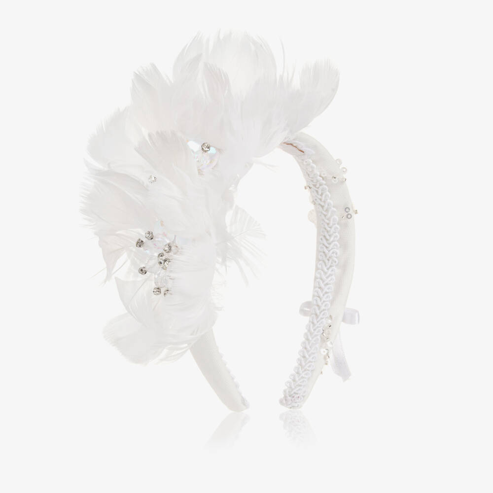 Junona-Girls White Hairband with Feather Flowers | Childrensalon Outlet