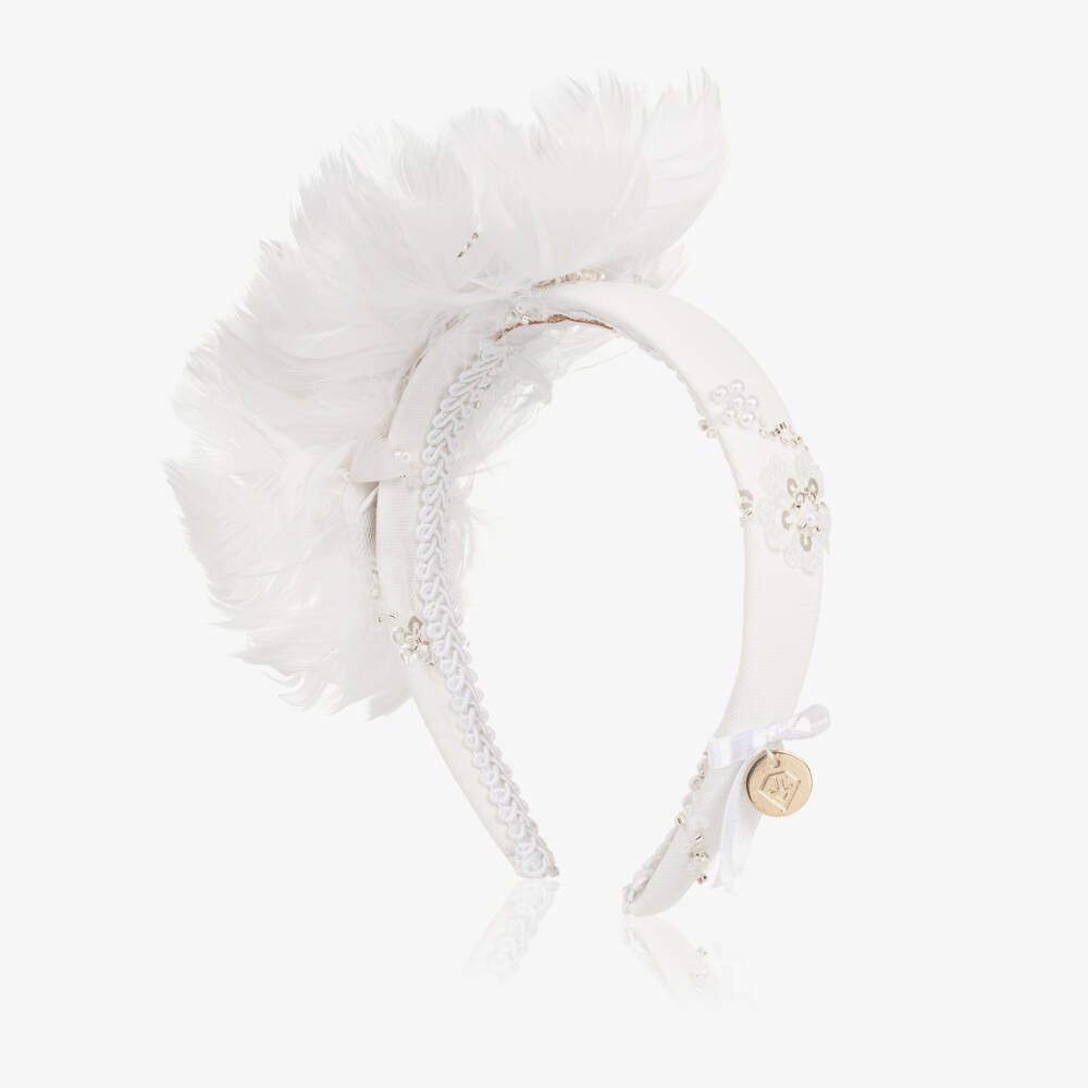 Junona-Girls White Hairband with Feather Flowers | Childrensalon Outlet