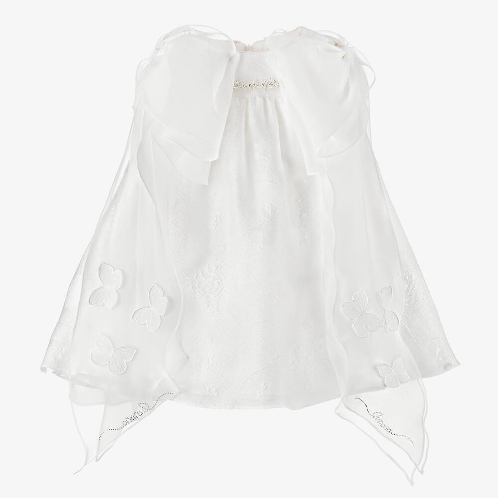 Junona-Girls White Jacquard & Organza Bow Dress | Childrensalon Outlet
