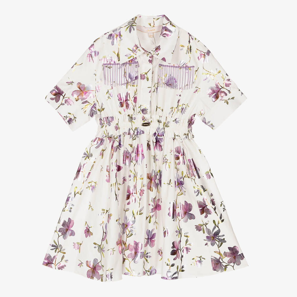 Junona - Girls White & Lilac Floral Cotton Dress | Childrensalon