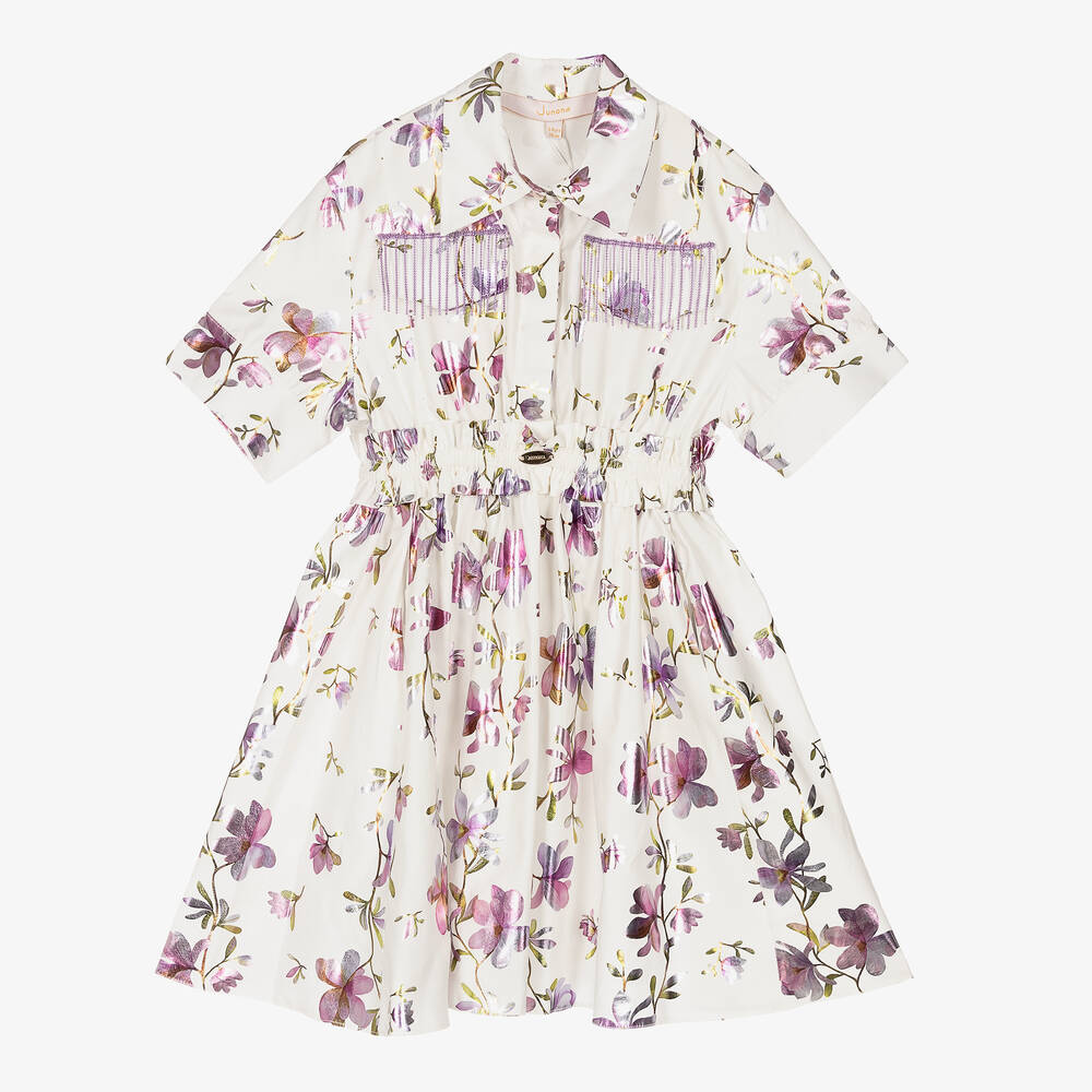 Junona - Girls White & Lilac Floral Cotton Dress | Childrensalon Outlet