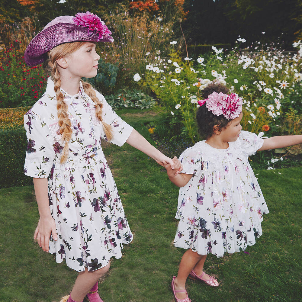 Junona - Girls White & Lilac Floral Cotton Dress | Childrensalon Outlet