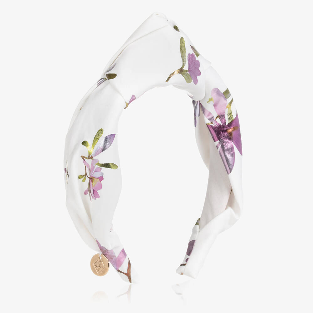 Junona - Girls White & Lilac Floral Cotton Hairband | Childrensalon