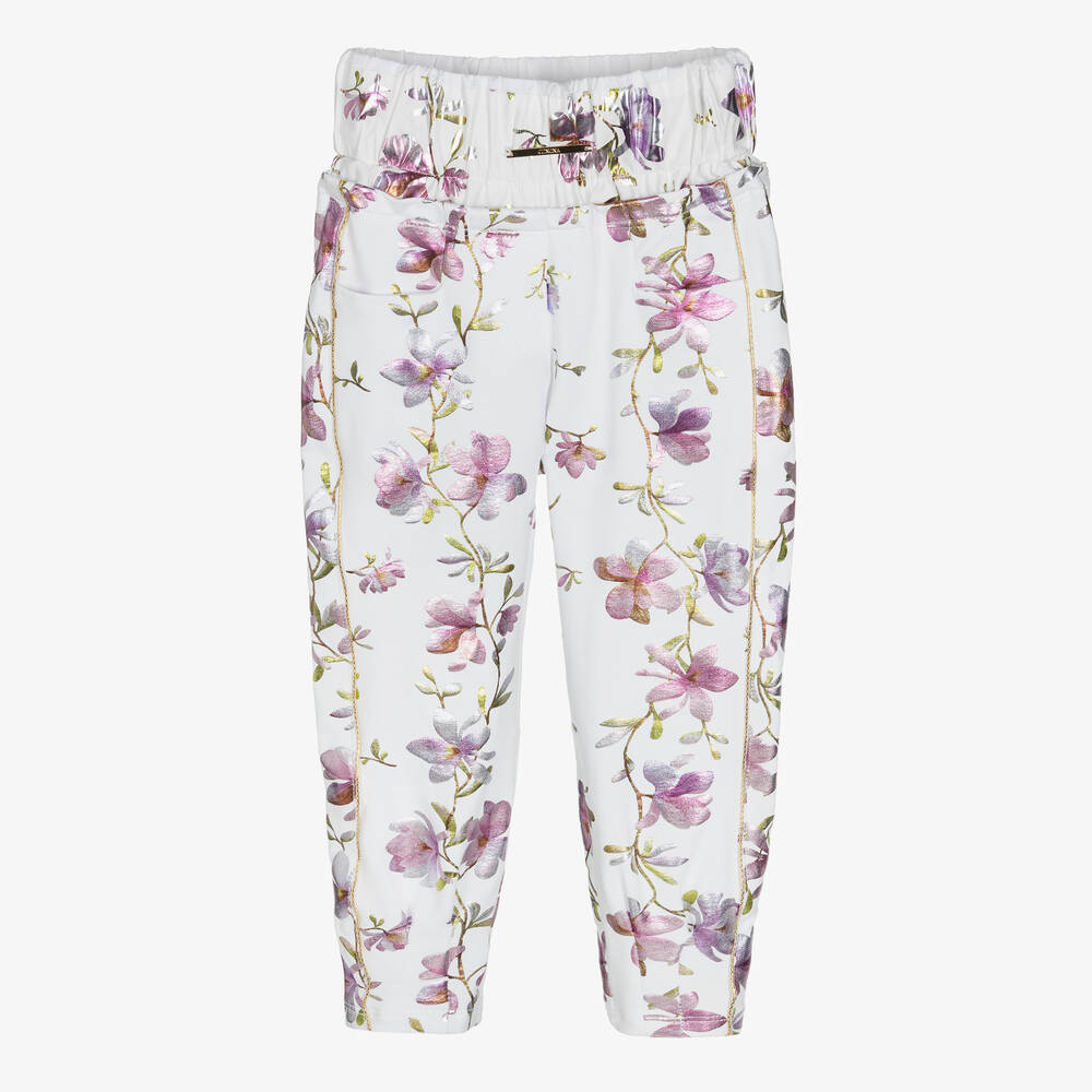 Junona - Girls White & Lilac Floral Cotton Trousers | Childrensalon