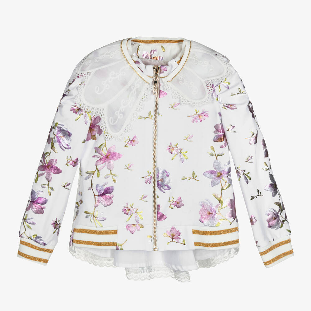 Junona - Girls White & Lilac Floral Jacket | Childrensalon
