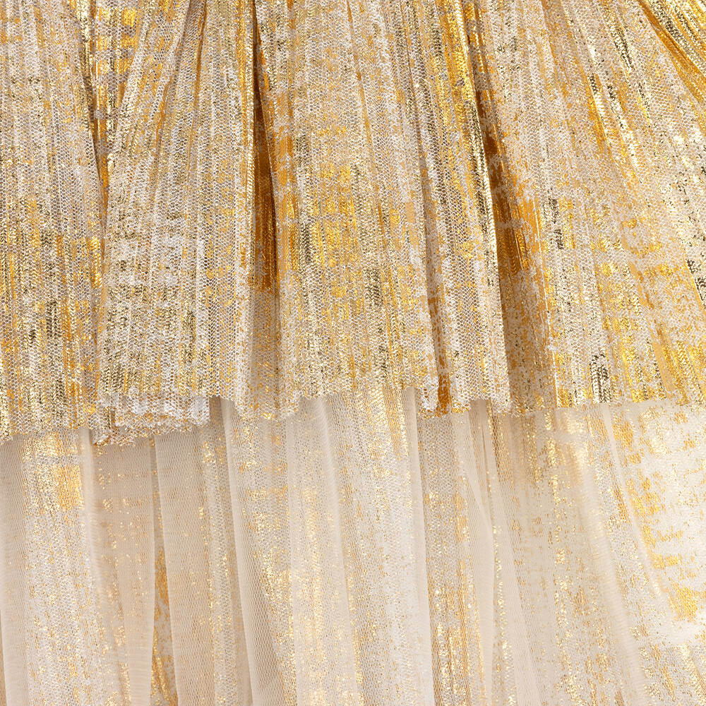 Junona-Girls White & Metallic Gold Tulle Dress | Childrensalon Outlet
