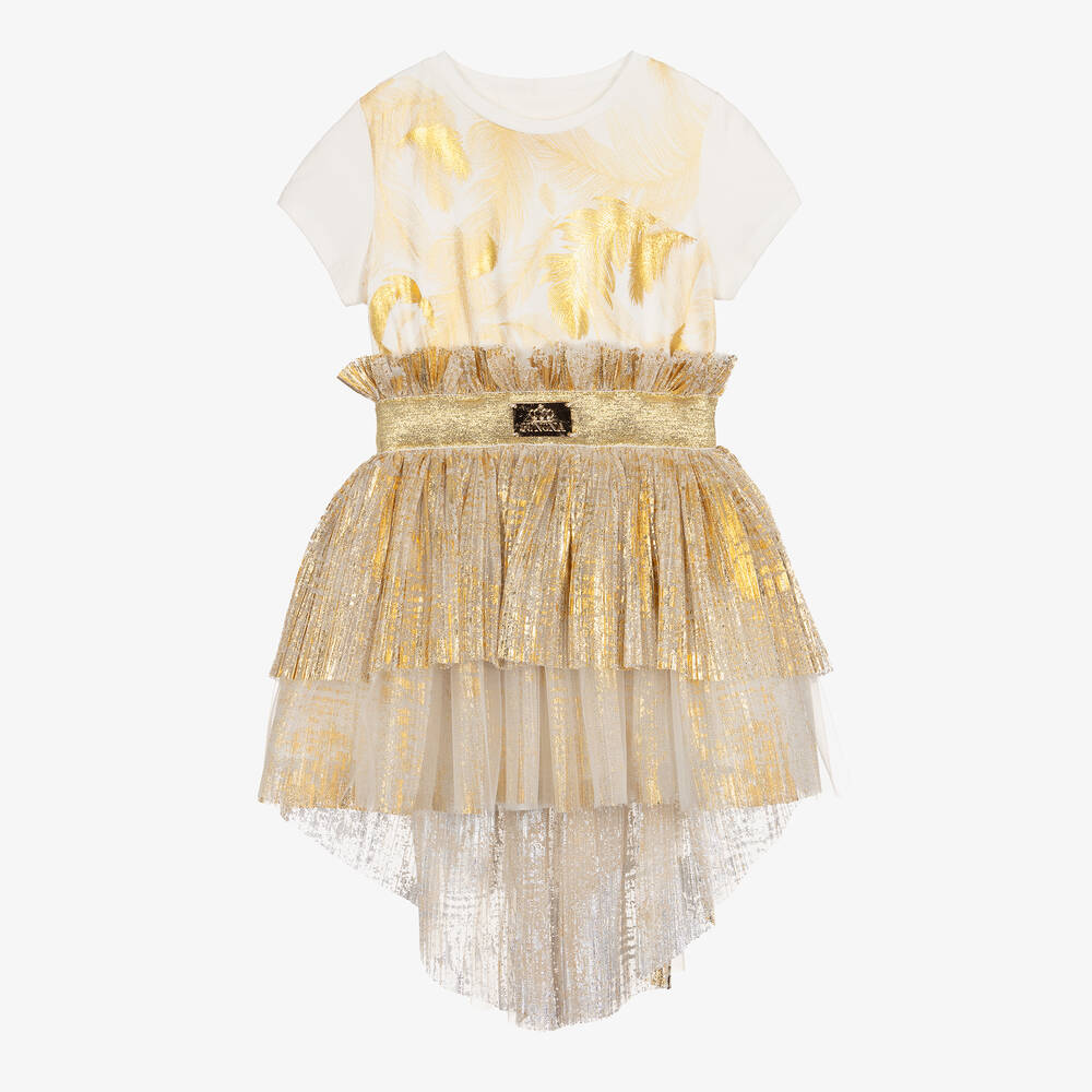 Junona - Girls White & Metallic Gold Tulle Dress | Childrensalon