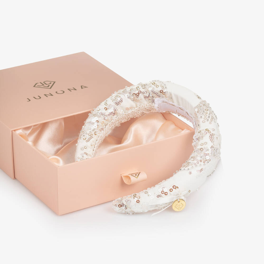 Junona-Girls White Padded Hairband with Silver Sequins | Childrensalon Outlet