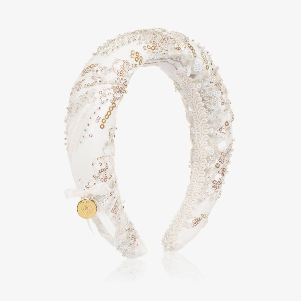 Junona-Girls White Padded Hairband with Silver Sequins | Childrensalon Outlet
