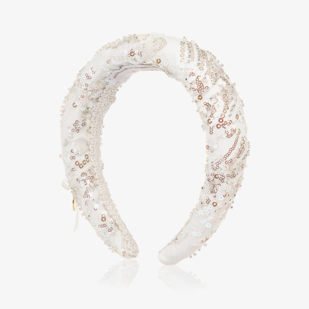 Junona-Girls White Padded Hairband with Silver Sequins | Childrensalon Outlet