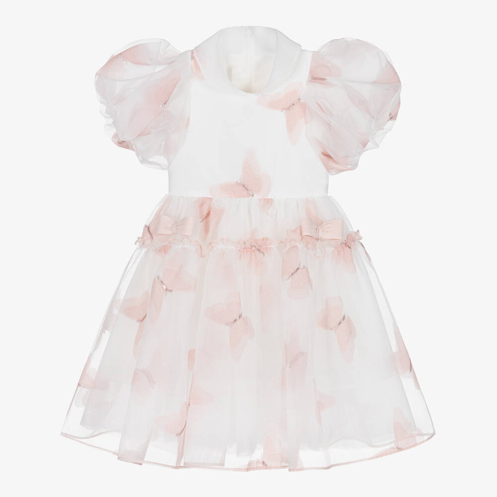 Junona - Girls White & Pink Butterfly Dress | Childrensalon