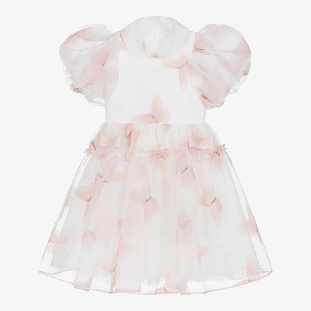Junona-Girls White & Pink Butterfly Dress | Childrensalon Outlet