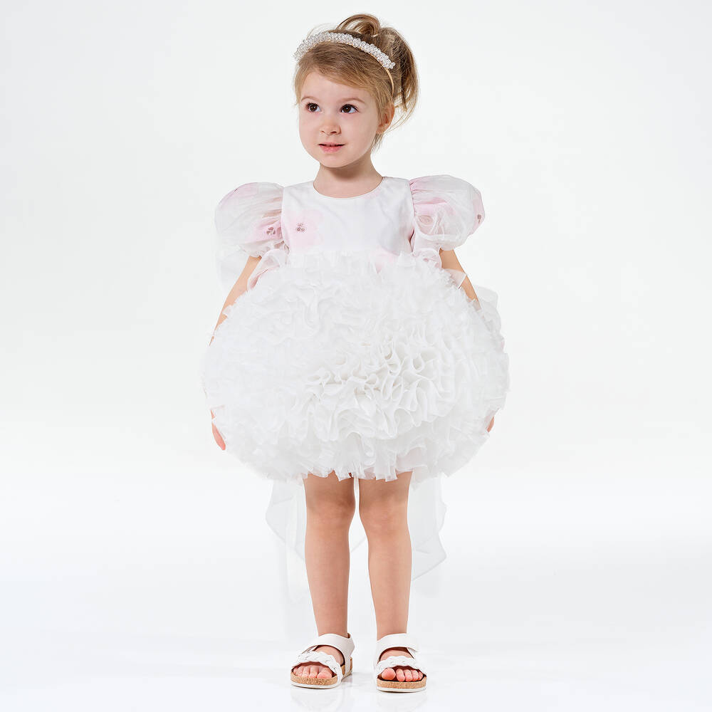 Junona-Girls White & Pink Floral Organza Dress | Childrensalon Outlet