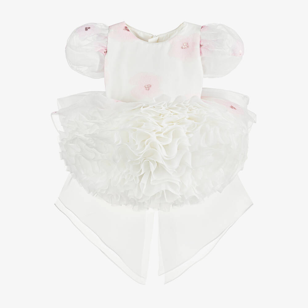 Junona-Girls White & Pink Floral Organza Dress | Childrensalon Outlet