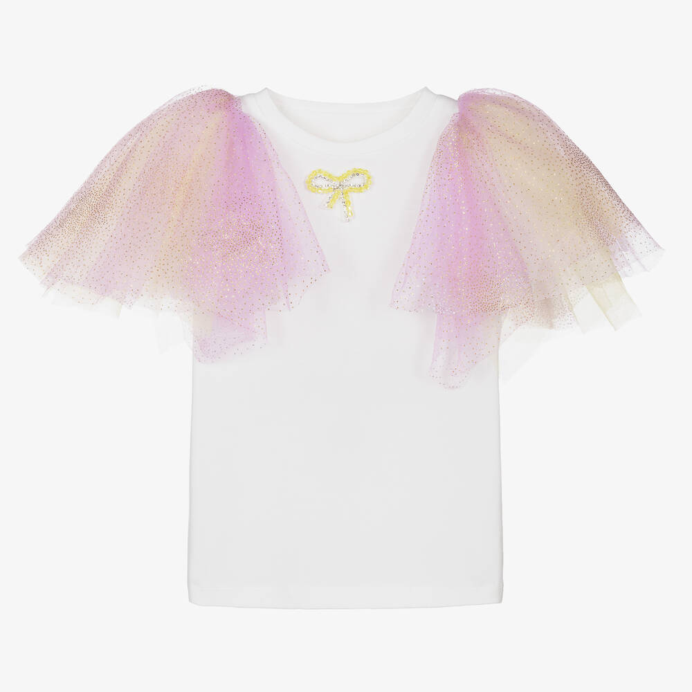 Junona - Girls White & Pink Flutter T-Shirt | Childrensalon