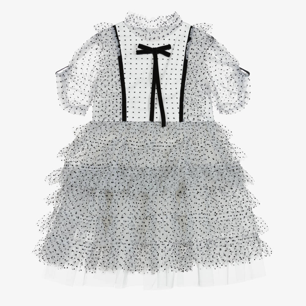 Junona - Robe blanche en tulle à pois fille | Childrensalon