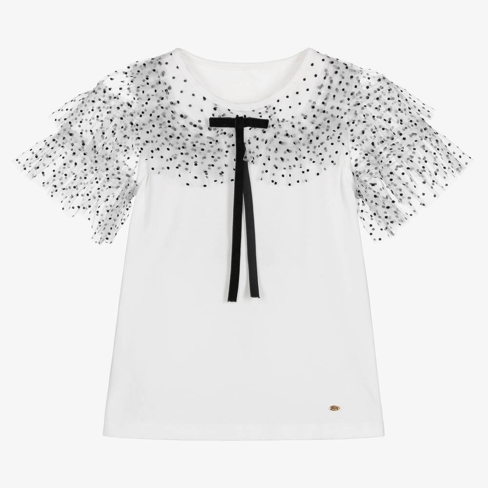 Junona - T-shirt blanc tulle à pois fille | Childrensalon