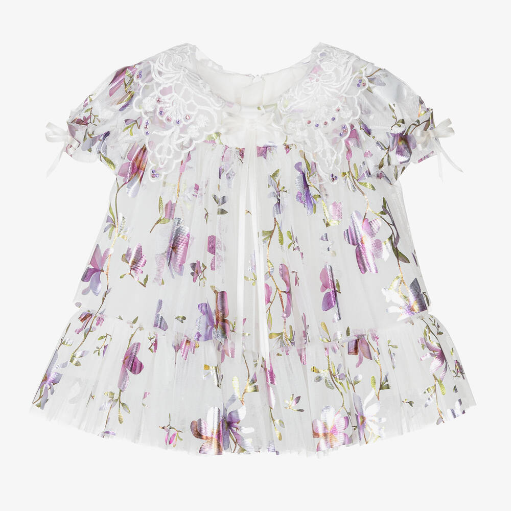 Junona - Girls White & Purple Floral Tulle Dress | Childrensalon