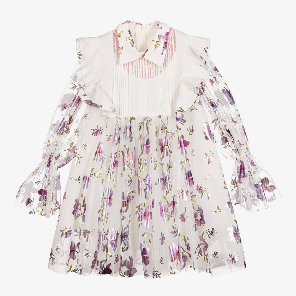 Junona - Girls White & Purple Floral Tulle Dress | Childrensalon