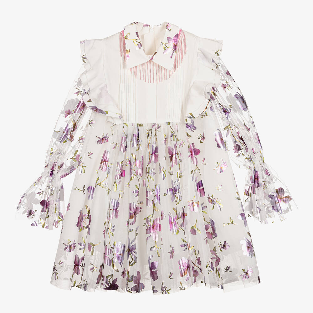 Junona-Белое платье из тюля с фиолетовыми цветами | Childrensalon Outlet