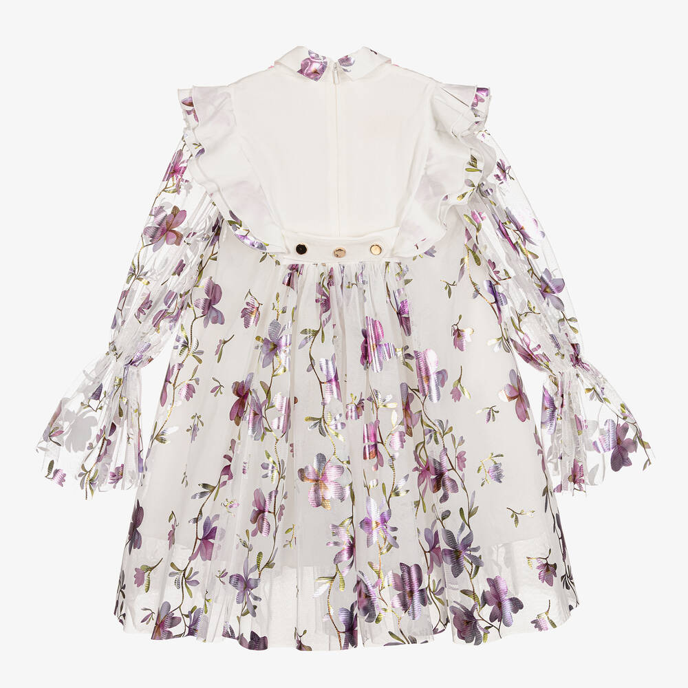 Junona-Girls White & Purple Floral Tulle Dress | Childrensalon Outlet