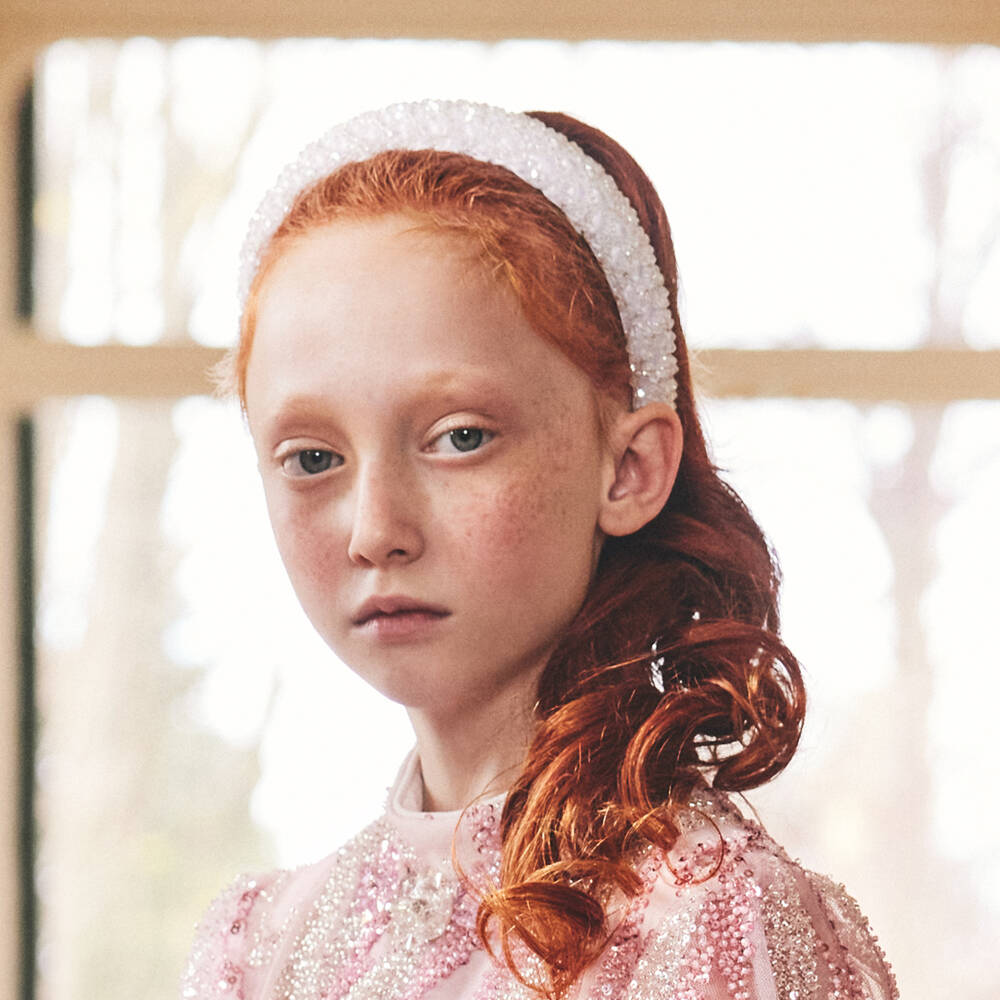 Junona-Girls White Satin & Crystal Bead Hairband | Childrensalon Outlet