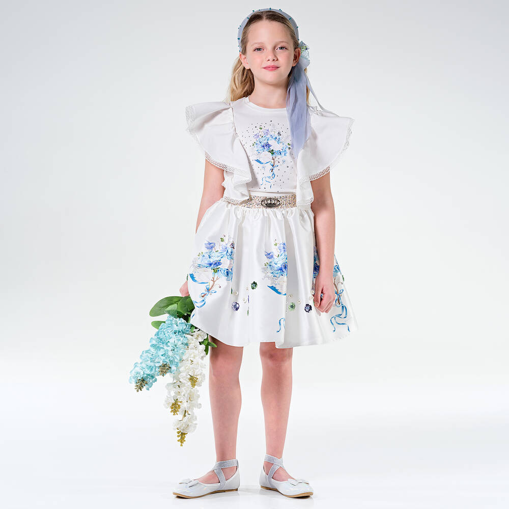 Junona-تنورة ساتان لون أبيض بطبعة ورود | Childrensalon Outlet