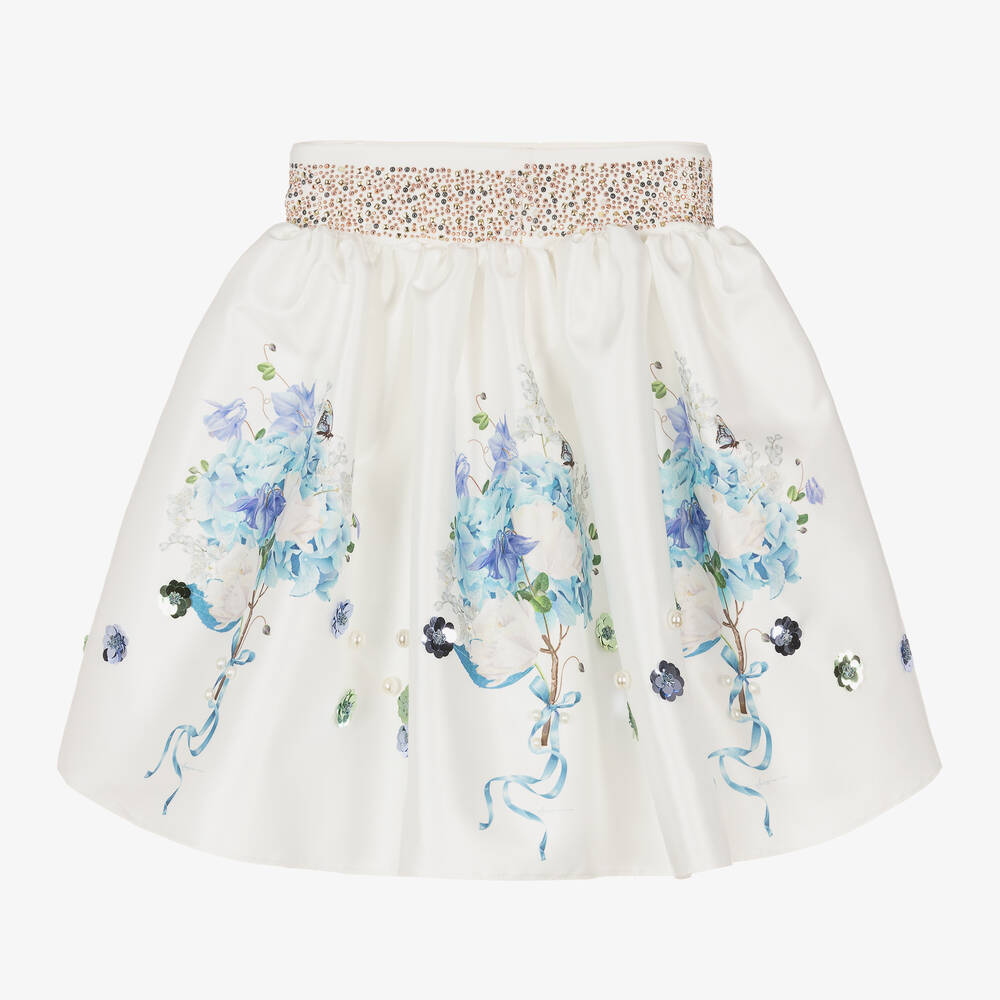 Junona-تنورة ساتان لون أبيض بطبعة ورود | Childrensalon Outlet