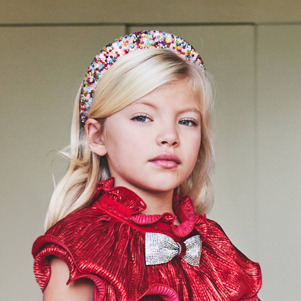 Junona-Girls White Satin Hairband Encrusted with Colourful Beads | Childrensalon Outlet