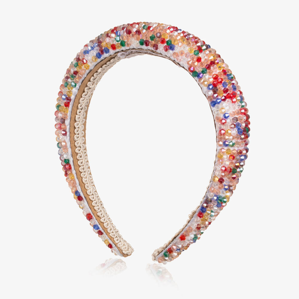 Junona-Girls White Satin Hairband Encrusted with Colourful Beads | Childrensalon Outlet