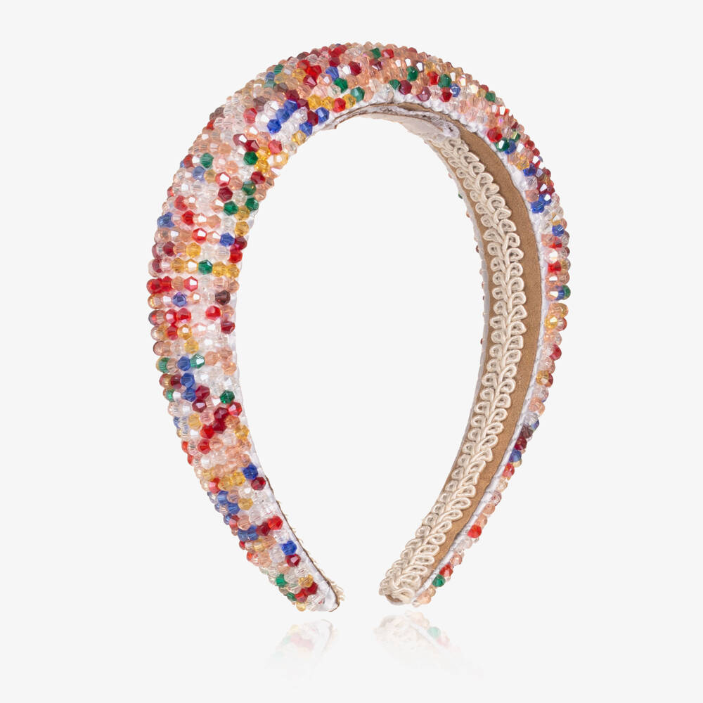 Junona-Girls White Satin Hairband Encrusted with Colourful Beads | Childrensalon Outlet