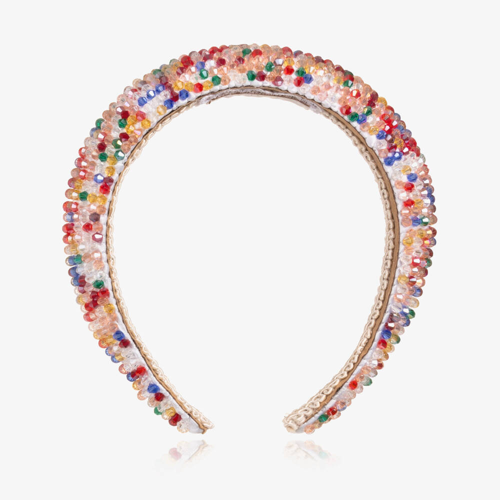 Junona-Girls White Satin Hairband Encrusted with Colourful Beads | Childrensalon Outlet