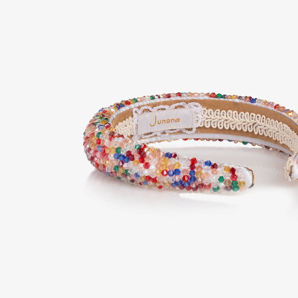 Junona-Girls White Satin Hairband Encrusted with Colourful Beads | Childrensalon Outlet